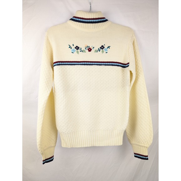 Vtg Cream Floral Embroidered Turtle Neck Sweater M Granny Cottagecore Whimsical - Picture 2 of 11